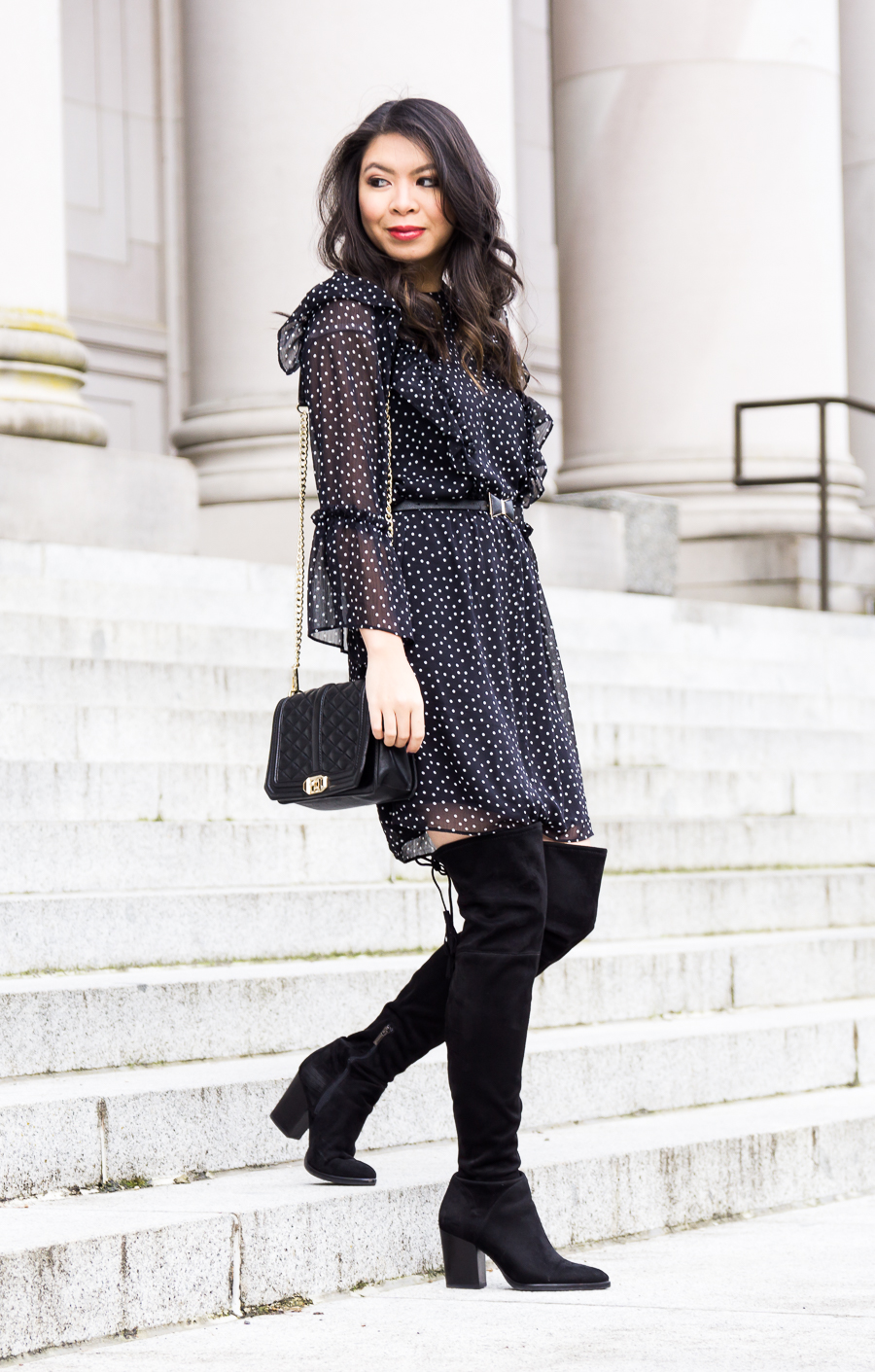 Topshop ruffle polka dot dress, Marc Fisher Alinda over the knee boots, cute chic outfit, petite fashion blog