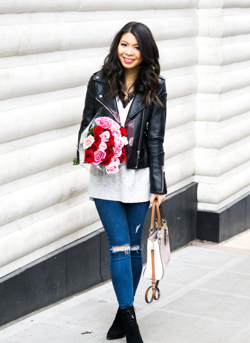 BLANKNYC faux leather jacket review, edgy chic outfit, petite fashion blog