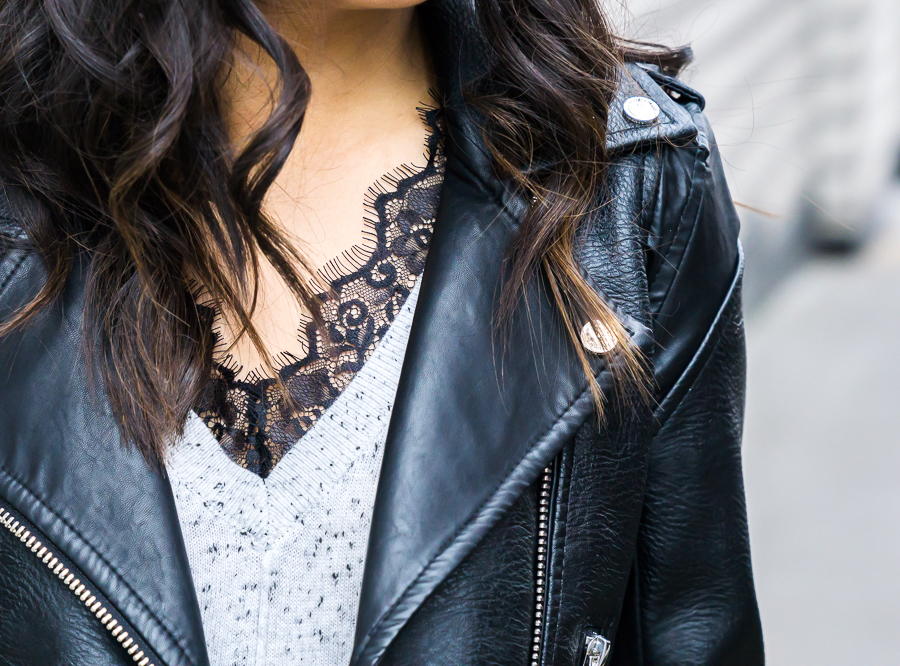 BLANKNYC faux leather jacket review, lace sweater outfit, petite fashion blog