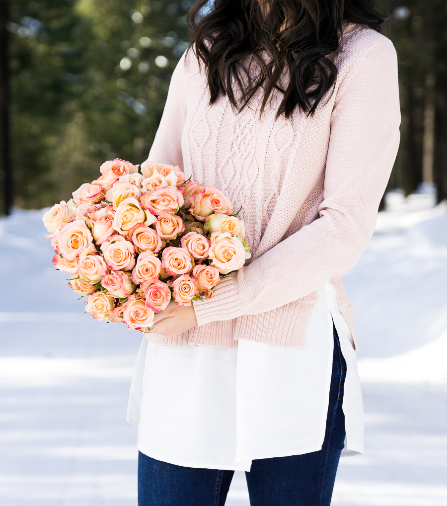 Cable knit sweater, cute casual winter outfit, Suncadia Resort with snow, petite fashion blog