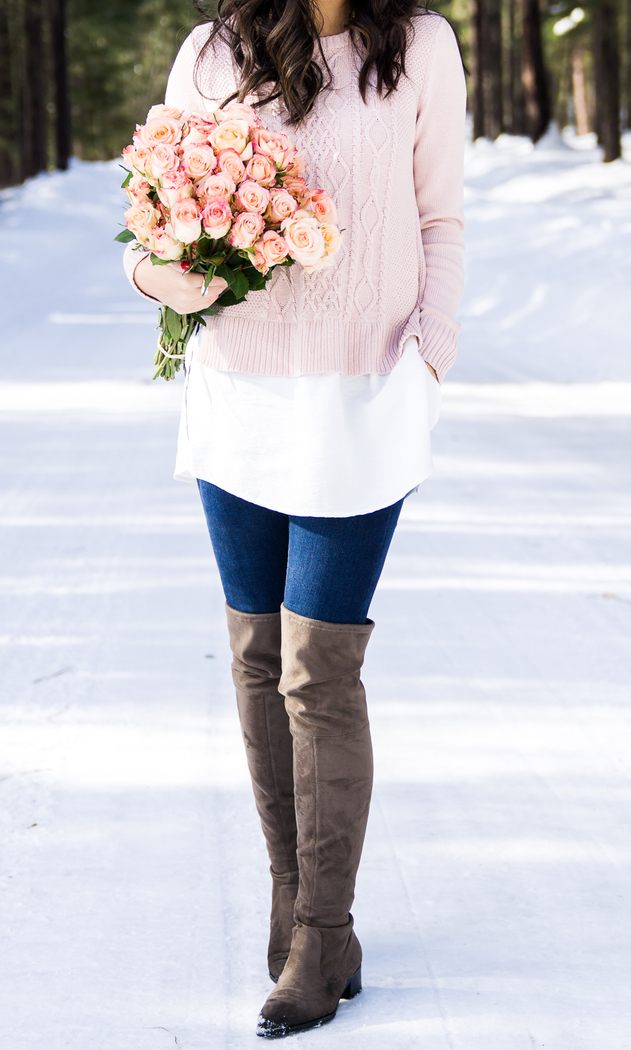 Cable knit sweater, pointed toe over the knee boots, cute casual winter outfit, Suncadia Resort with snow, petite fashion blog