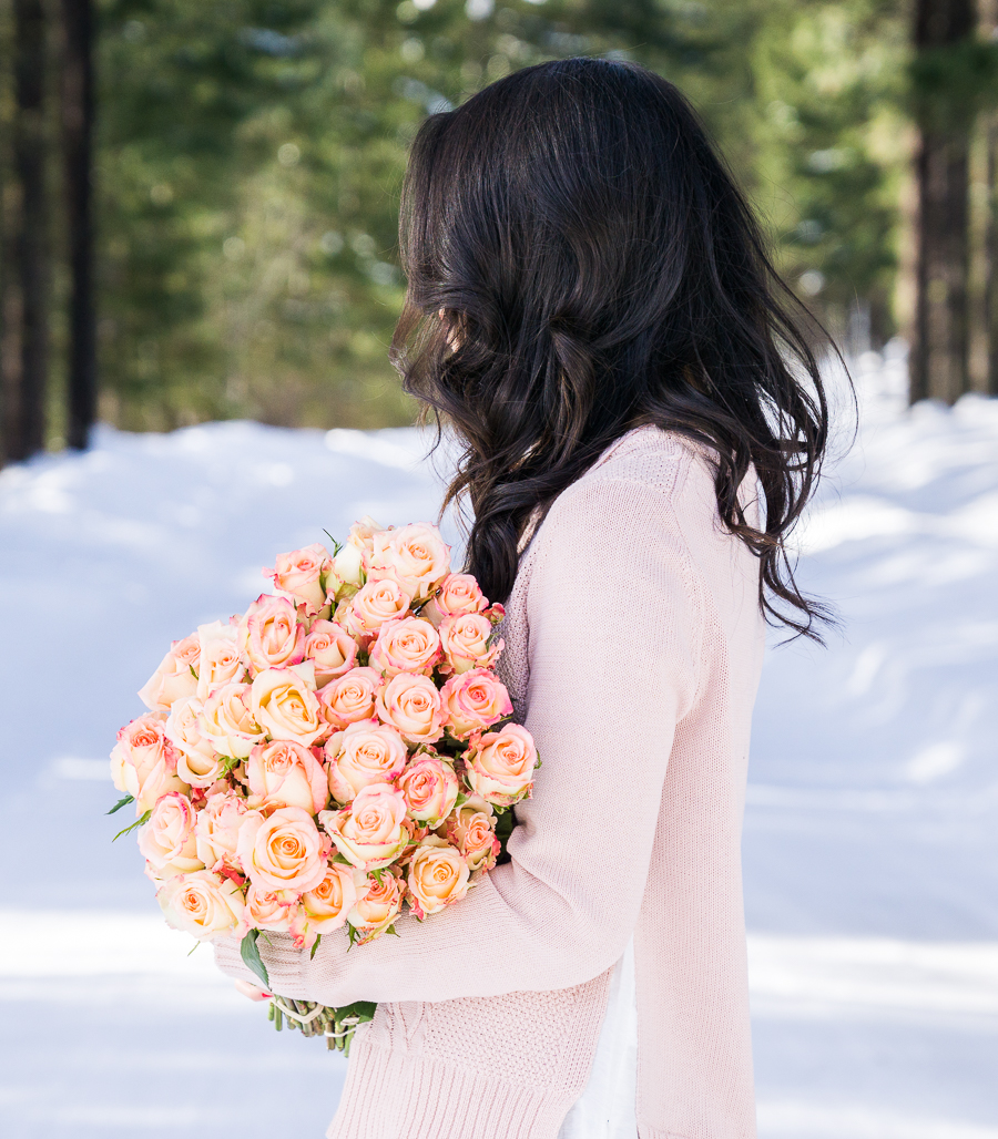 Cable knit sweater, Whole Foods roses, Suncadia Resort with Snow, Petite Fashion Blog