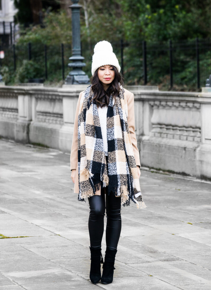 Camel coat outfit, winter chic outfit, pom pom beanie, plaid scarf, petite fashion blog