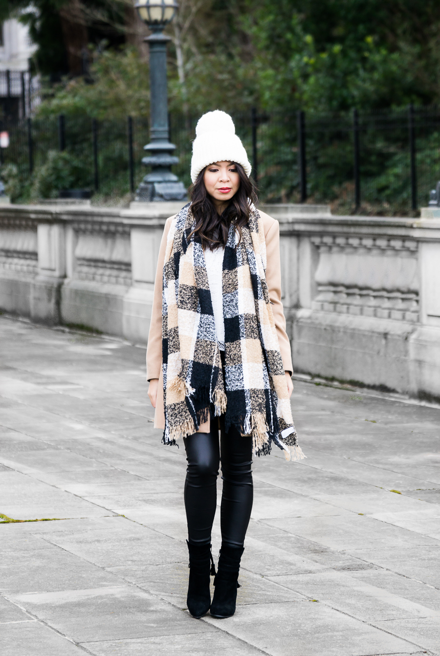 Camel coat outfit, winter chic outfit, pom pom beanie, plaid scarf, petite fashion blog