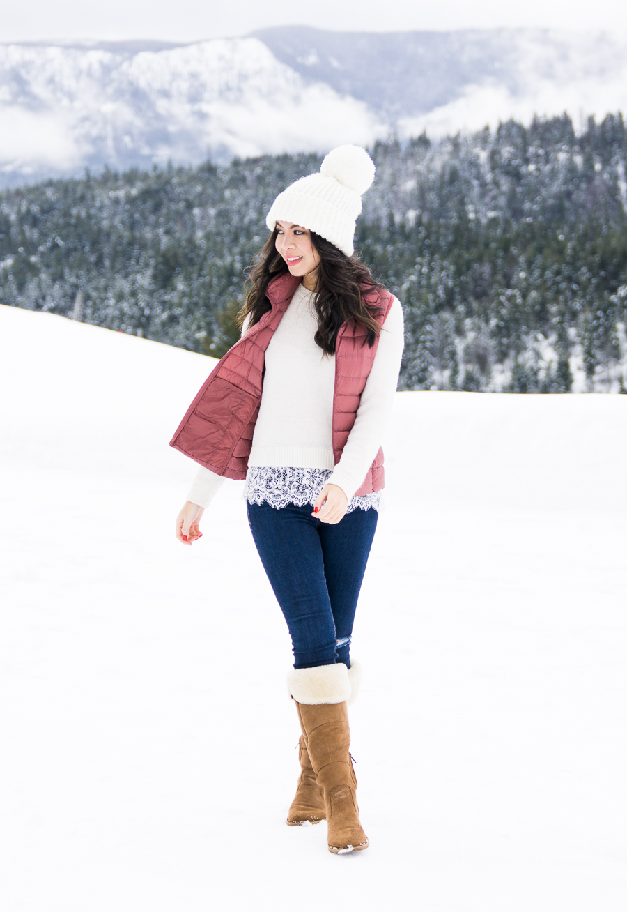 Cute winter outfit, Uniqlo womens puffer vest, pom pom beanie, UGG boots outfit, petite fashion blog
