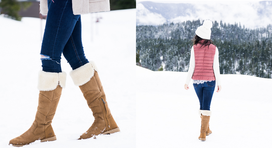 Cute winter outfit, Uniqlo womens puffer vest, pom pom beanie, UGG boots outfit, petite fashion blog
