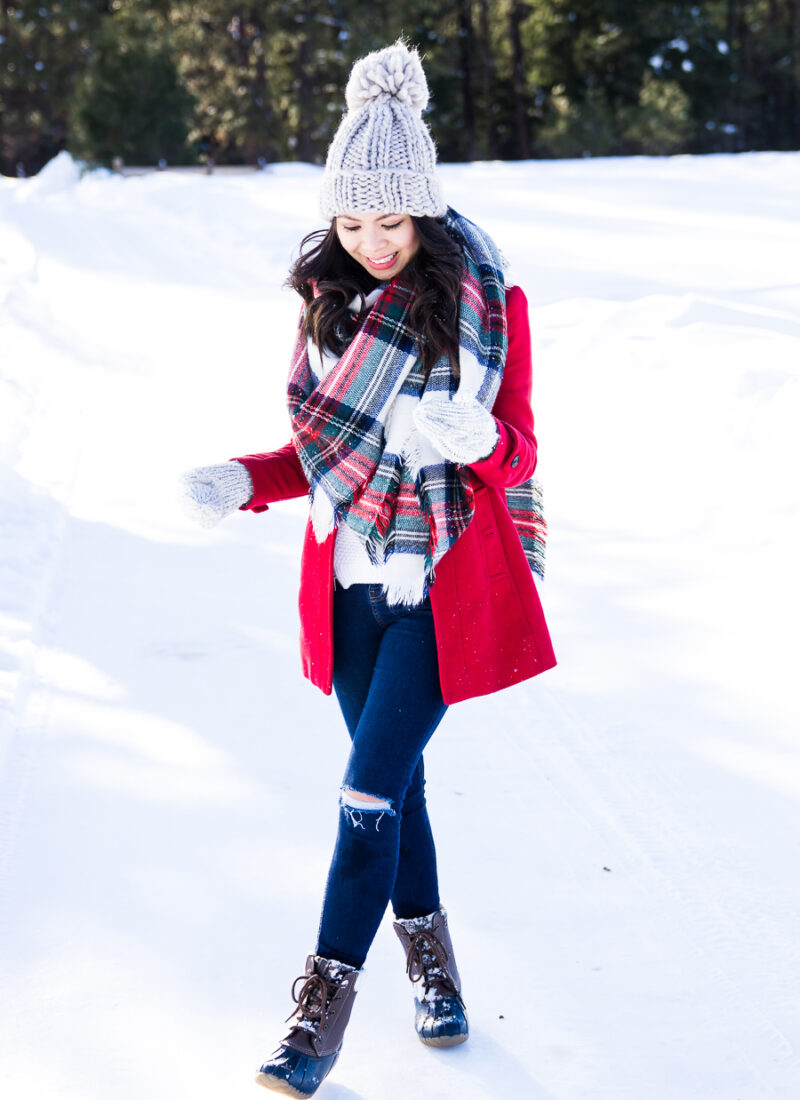 How to make duck boots look cute, plaid blanket scarf, pom pom beanie, cute winter outfit, petite fashion blog