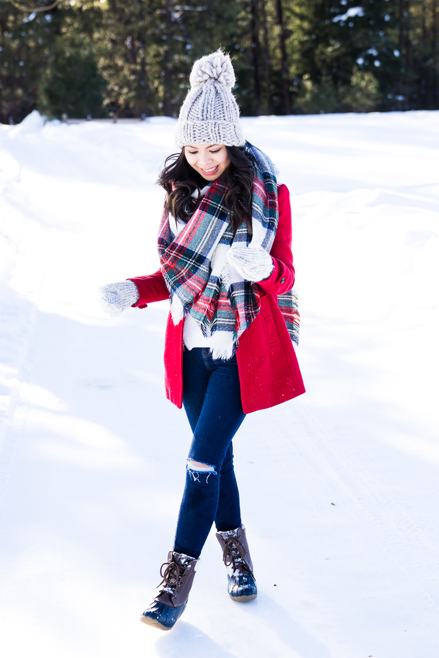 How to make duck boots look cute, plaid blanket scarf, pom pom beanie, cute winter outfit, petite fashion blog