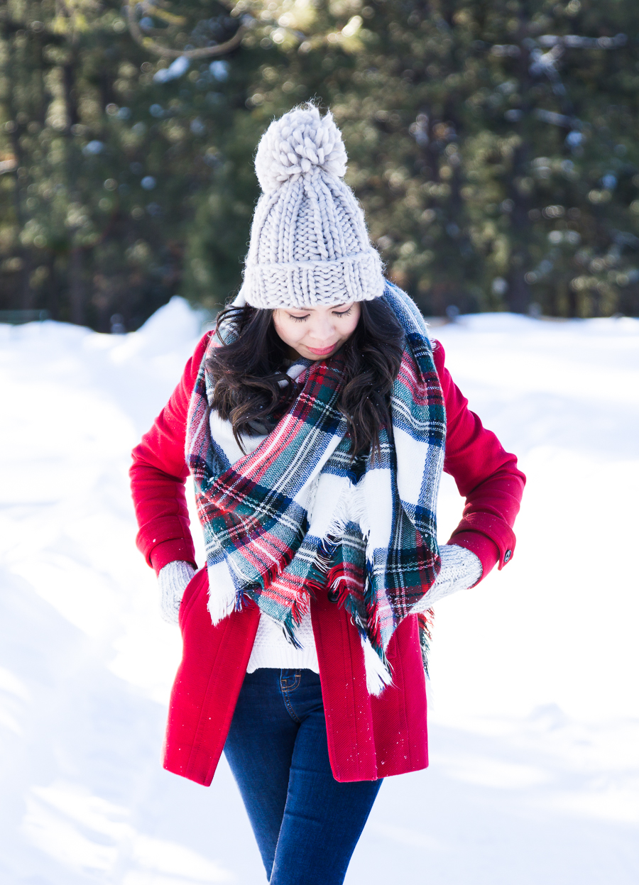 How to make duck boots look cute, plaid blanket scarf, pom pom beanie, cute winter outfit, petite fashion blog