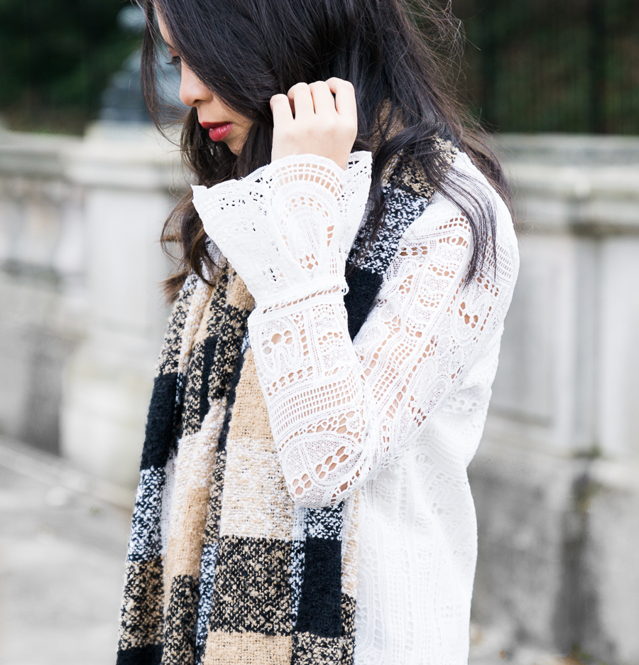 Lace bell sleeves, plaid scarf, petite fashion blog