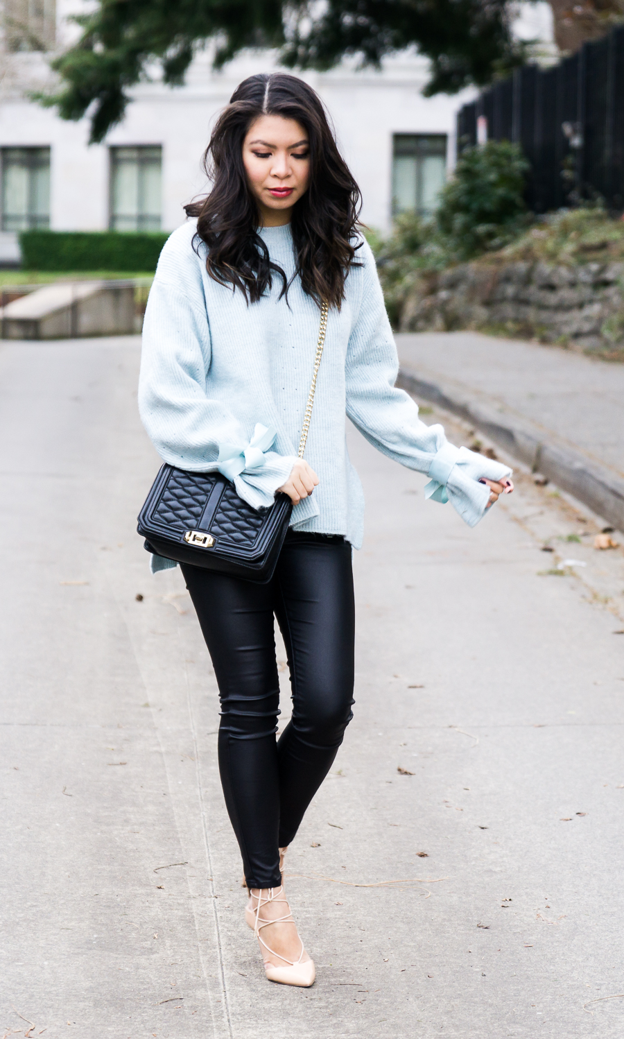 Topshop sweater with bows ribbon tie cuff, Asos coated skinny jeans, Rebecca Minkoff quilted crossbody, lace up heels, Valentines Day outfit idea
