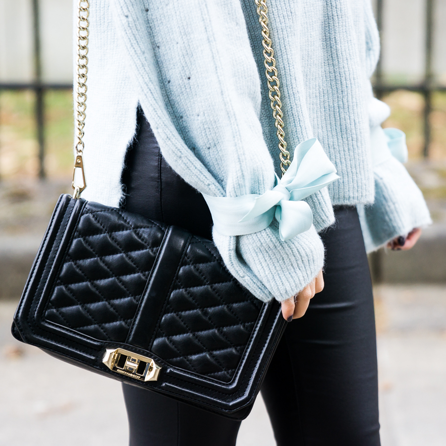 Topshop sweater with bows ribbon tie cuff, Rebecca Minkoff Love Crossbody, Valentines Day outfit idea
