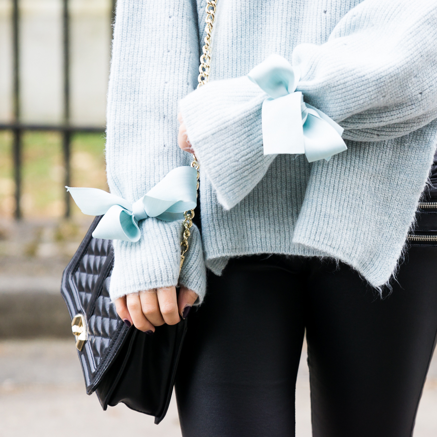 Topshop sweater with bows ribbon tie cuff, Rebecca Minkoff Love Crossbody, Valentines Day outfit idea