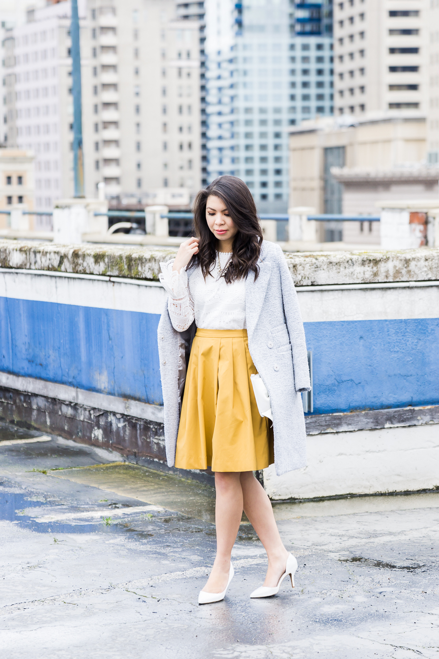 How to wear yellow for your skin tone, yellow skirt outfit, spring style, petite fashion blog
