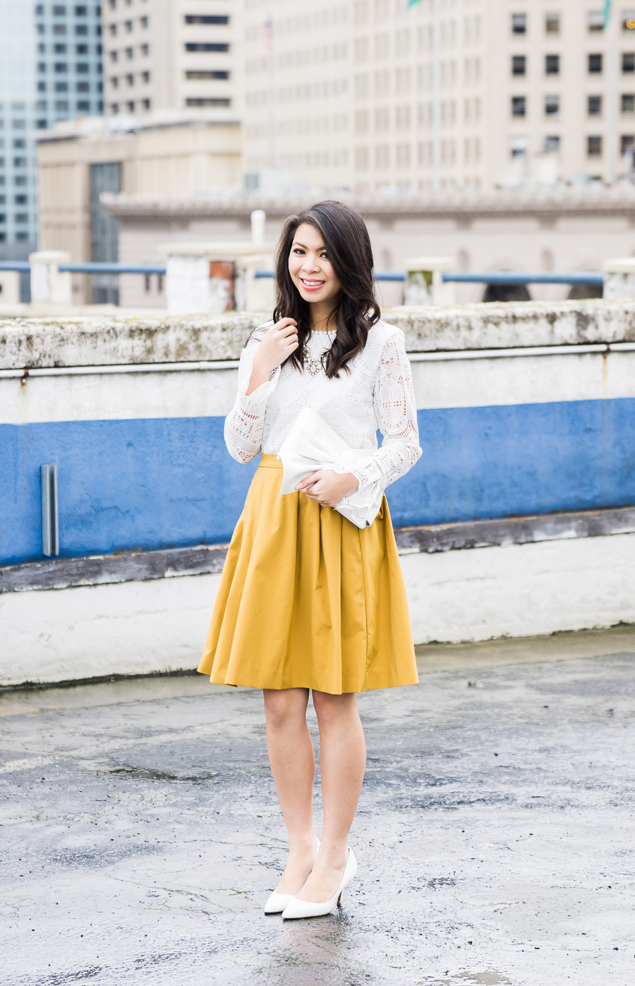 How to wear yellow for your skin tone, yellow skirt outfit, spring style, petite fashion blog