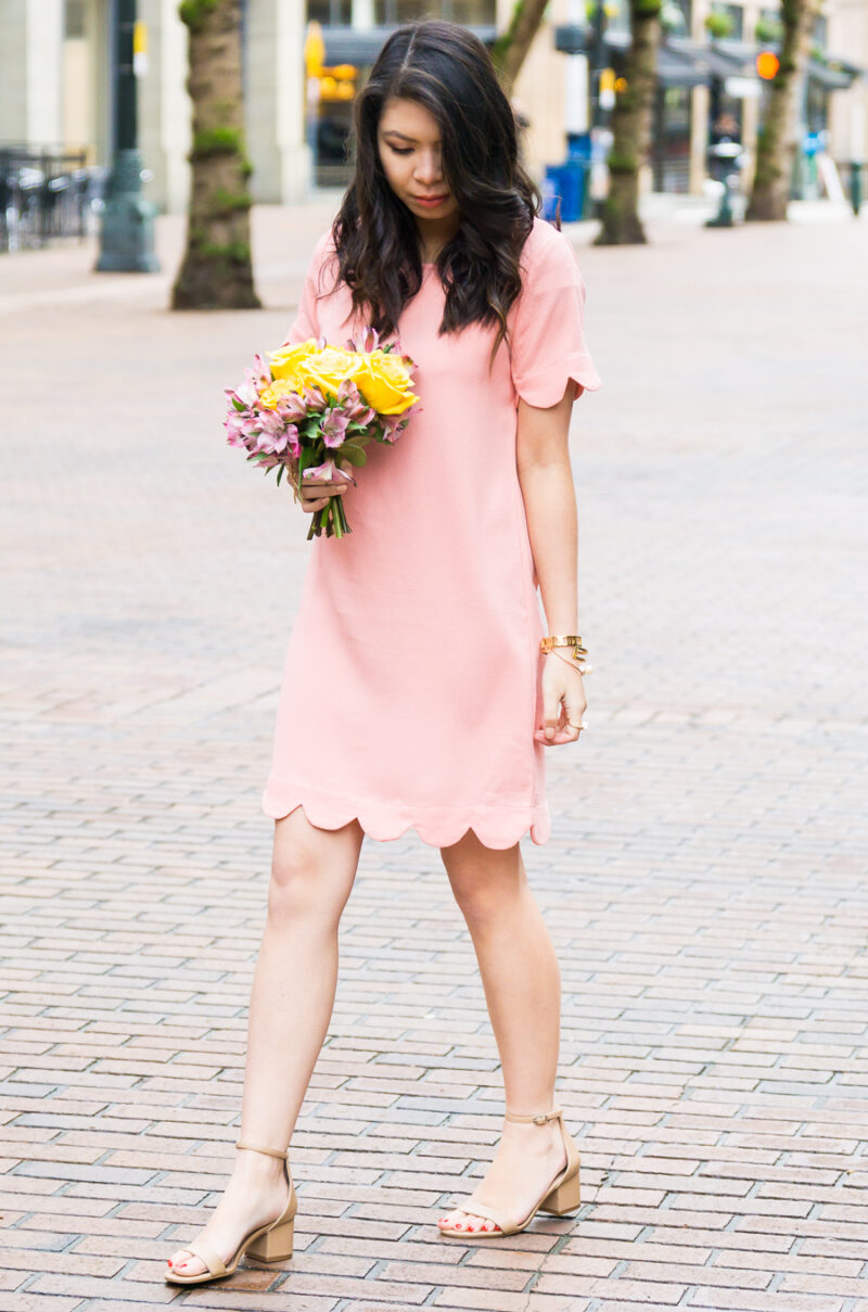 Favorite scallop edge clothes, scallop edge dress, spring style, petite fashion blog