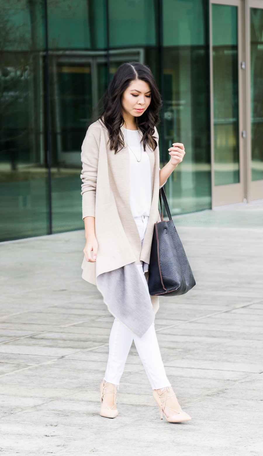 Skinny white jeans outfit, spring style, AG Jeans The Legging Ankle, waterfall cardigan, petite fashion blog