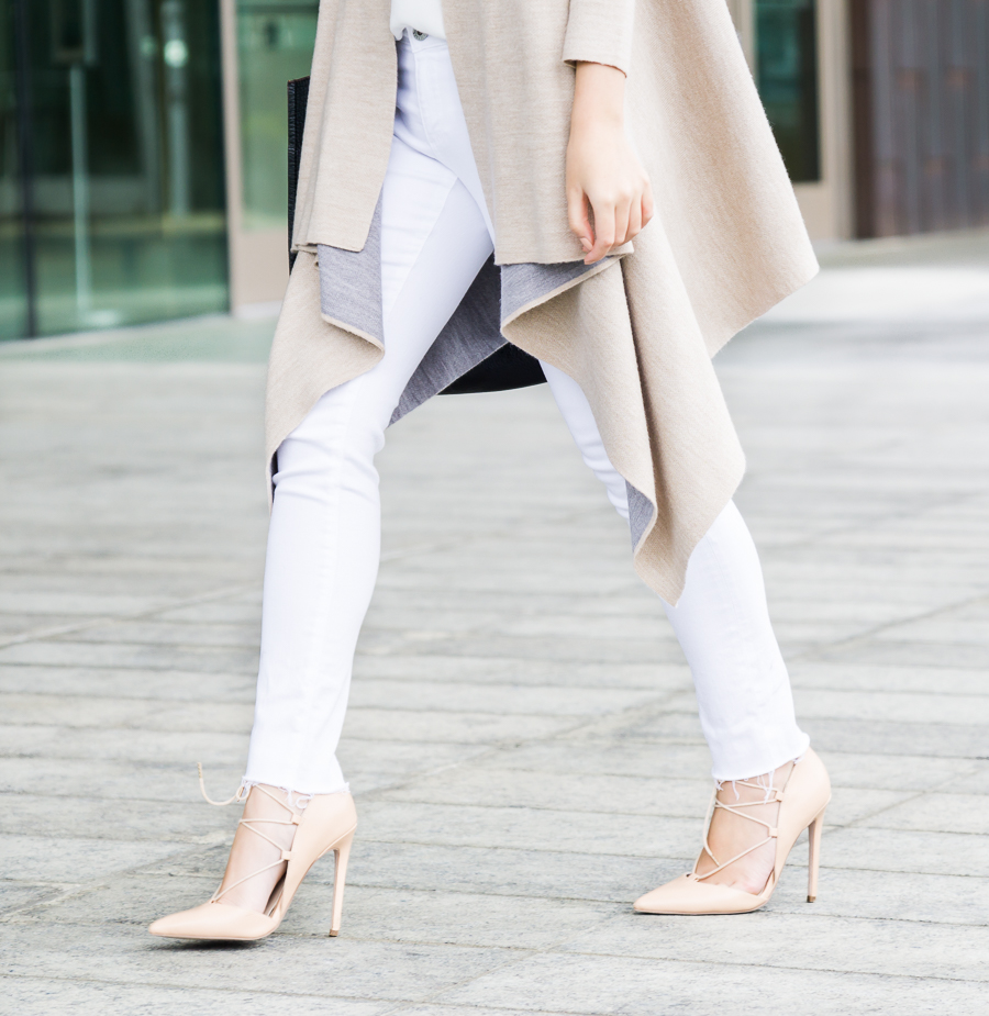 Skinny white jeans outfit, spring style, AG Jeans The Legging Ankle, waterfall cardigan, petite fashion blog