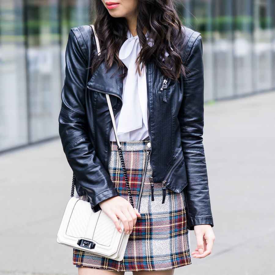 Topshop plaid mini skirt, faux leather jacket, school girl inspired outfit, petite fashion blog