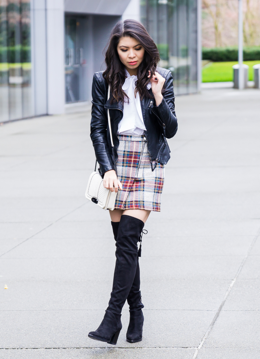 Topshop plaid mini skirt, over the knee boots, faux leather jacket, school girl inspired outfit, petite fashion blog