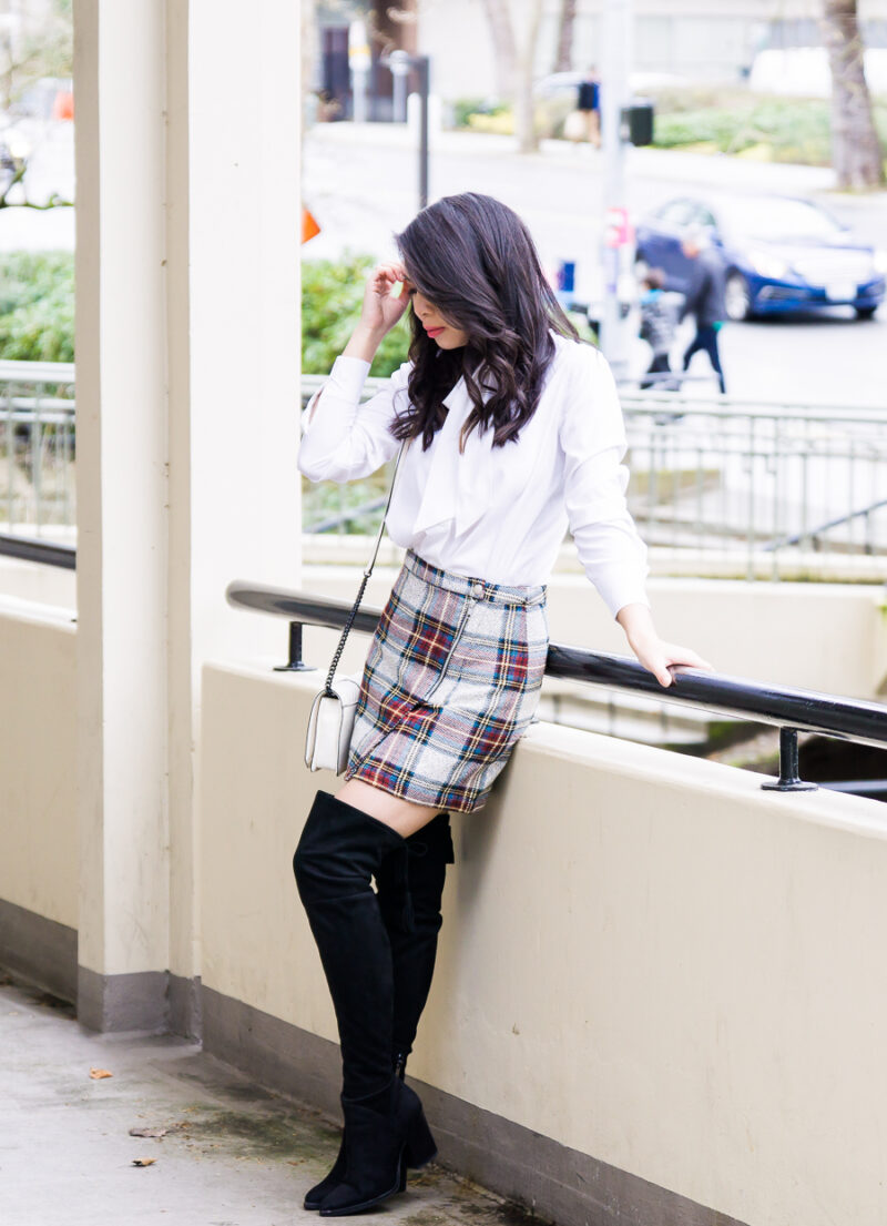 Topshop plaid mini skirt, over the knee boots, school girl inspired outfit, petite fashion blog