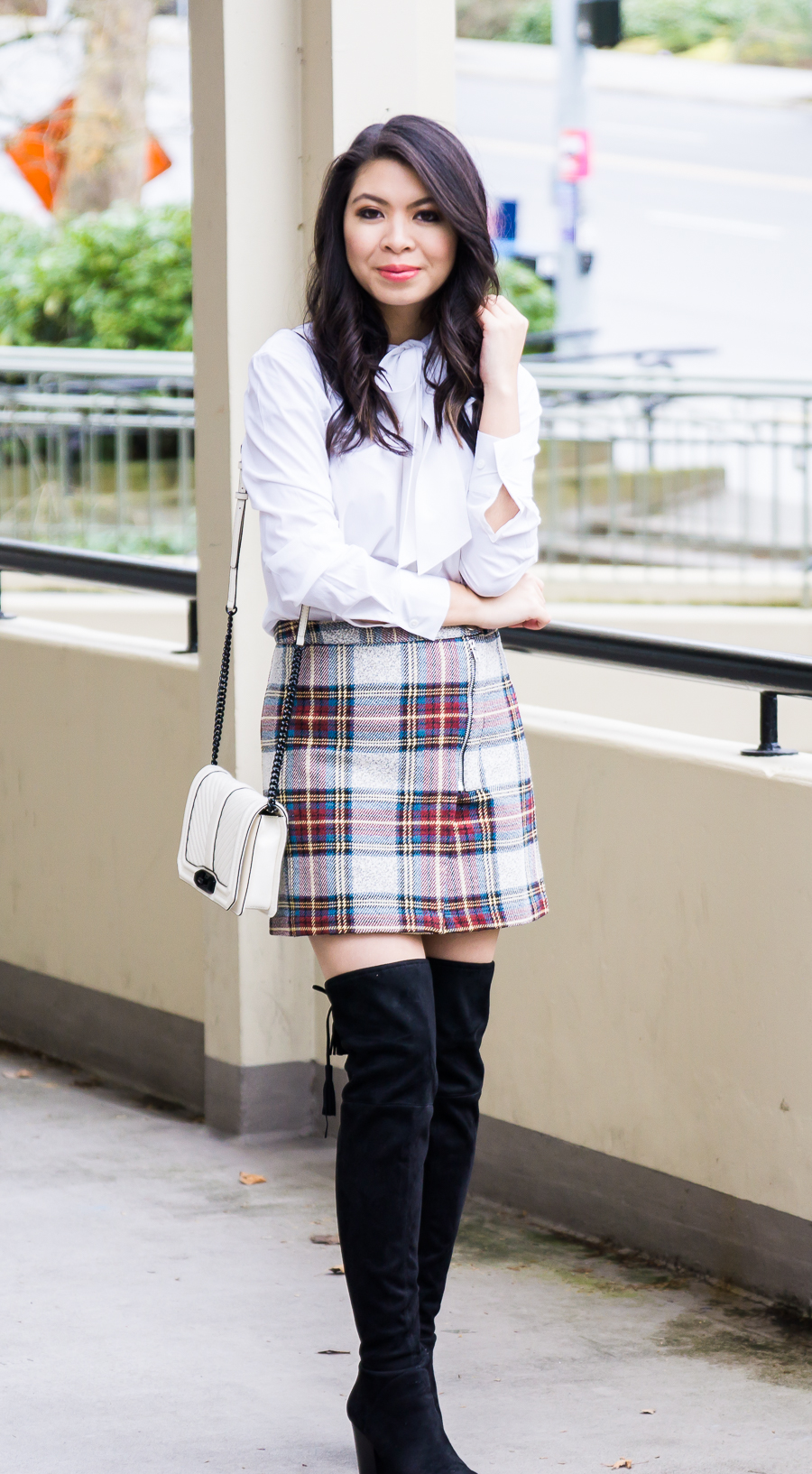 Topshop plaid mini skirt, over the knee boots, school girl inspired outfit, petite fashion blog