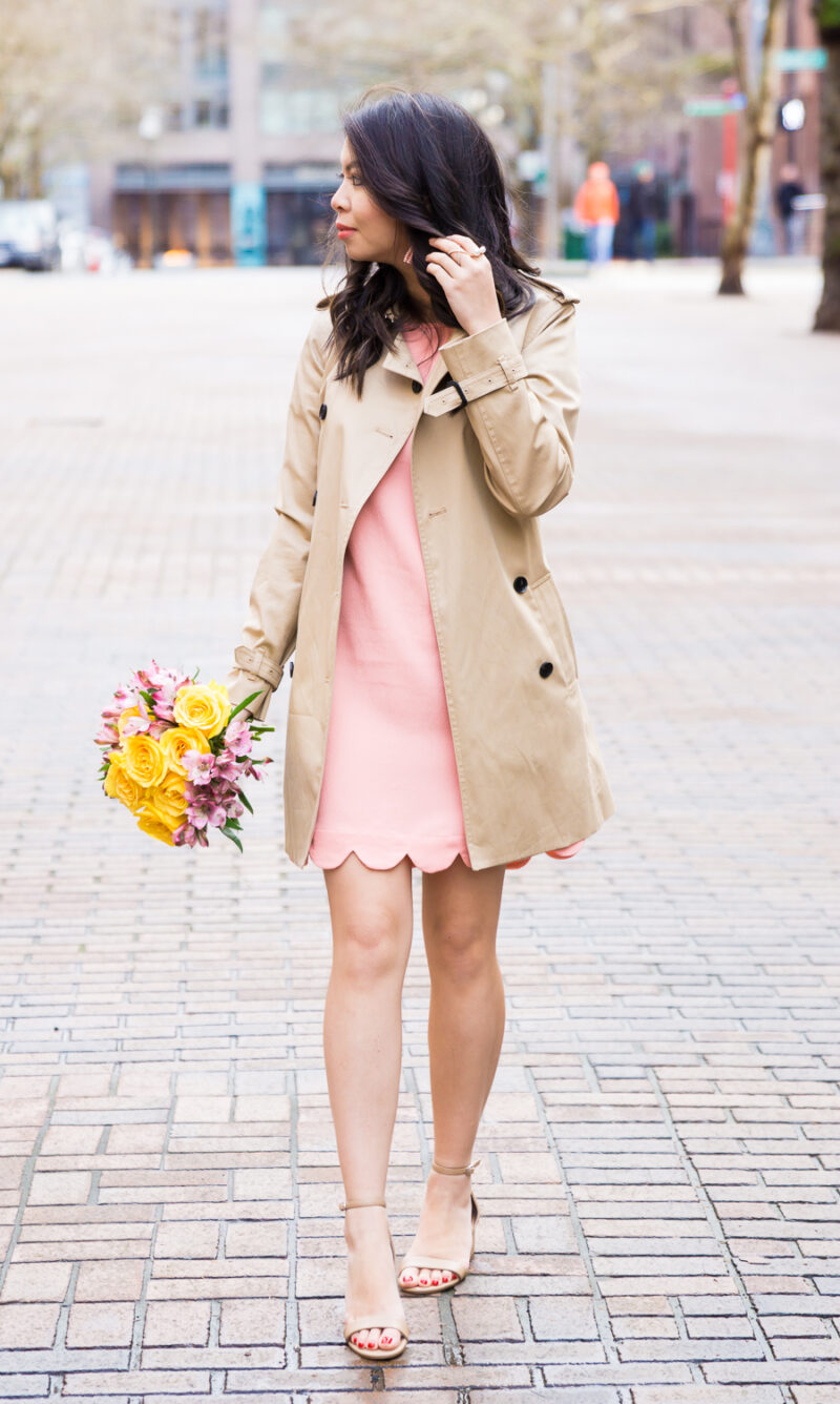 Favorite scallop edge clothes, scallop edge dress, trench coat, spring style, petite fashion blog