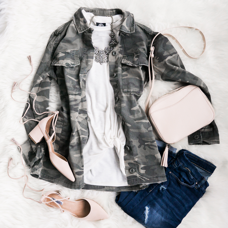 Camo jacket outfit, spring fashion, petite fashion blog, outfit flatlay