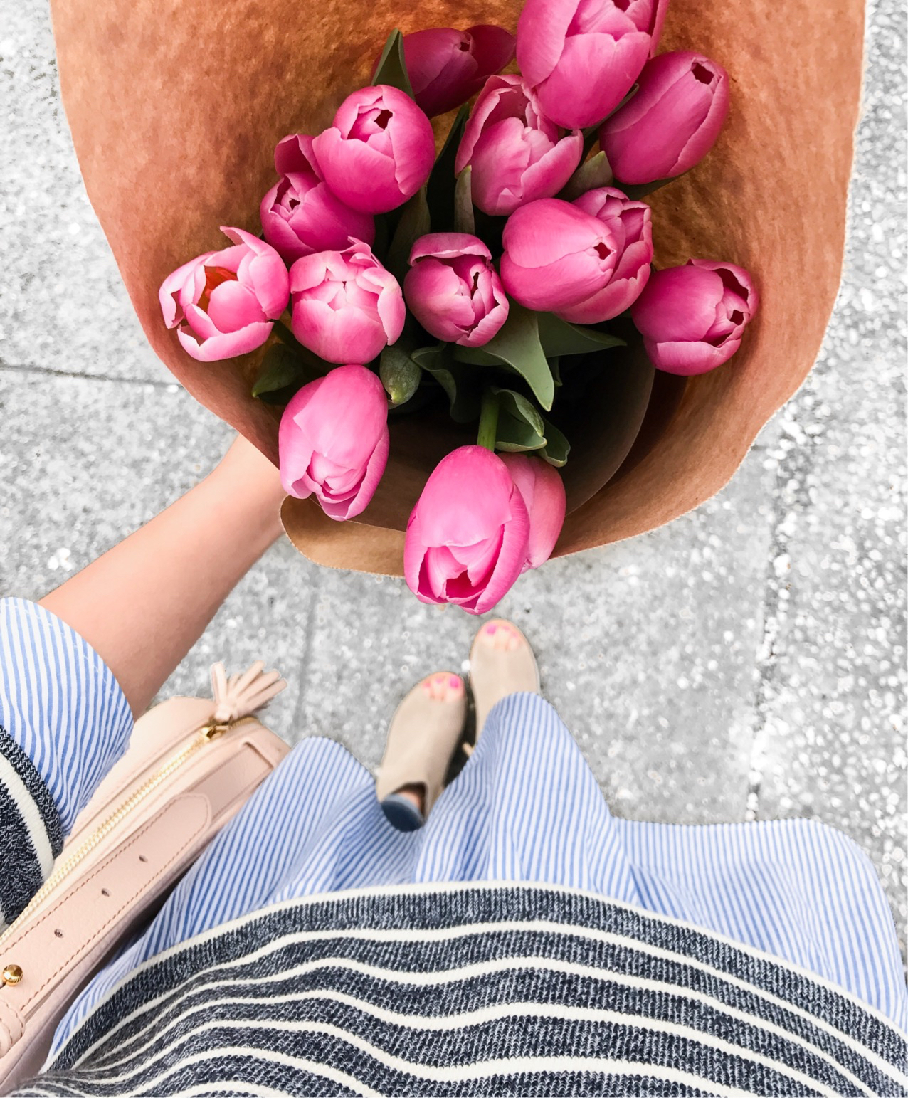 Pink tulips, striped sweater, petite fashion blog