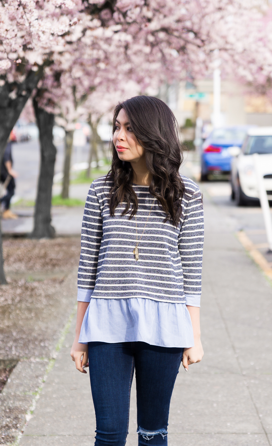 THML contrast ruffle striped sweater, spring style, cute casual outfit, petite fashion blog