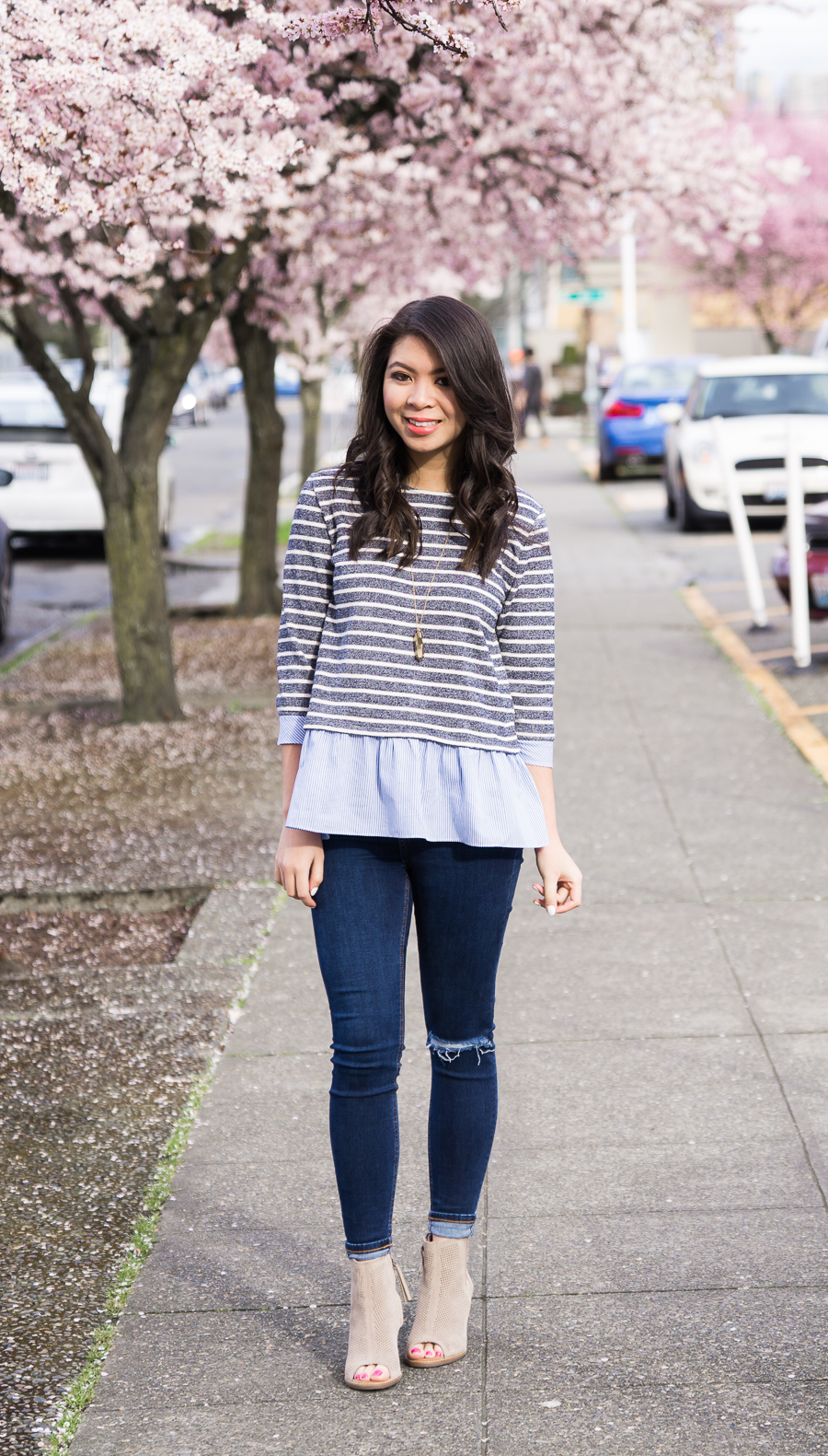 THML contrast ruffle striped sweater, TOMS peep toed booties, spring style, cute casual outfit, petite fashion blog