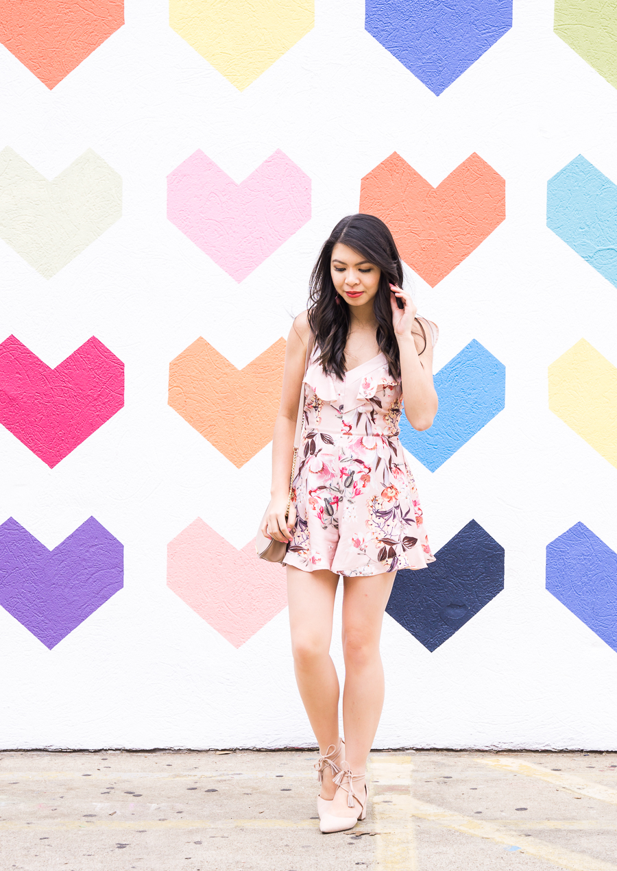 Floral romper, lace up pump, summer outfit, Dallas heart wall, petite fashion blog