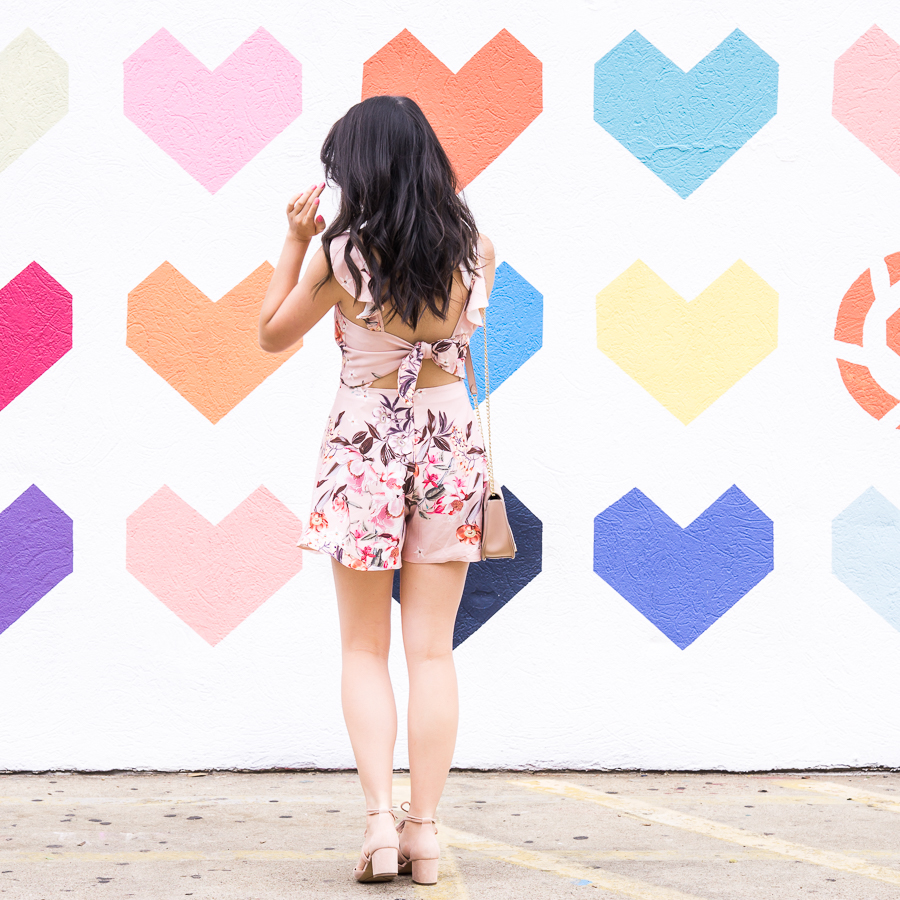 Floral romper, lace up pump, summer outfit, Dallas heart wall, petite fashion blog