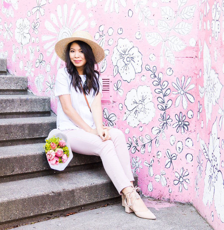 Pink jeans outfit, AG Jeans sateen prima crop, summer outfit, petite fashion blog, Seattle pink wall