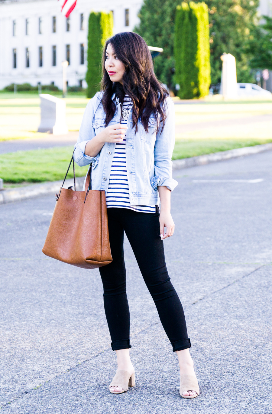Black skinny jeans and denim jacket, casual every day outfit, AG Jeans, petite fashion blog, Seattle fashion blogger
