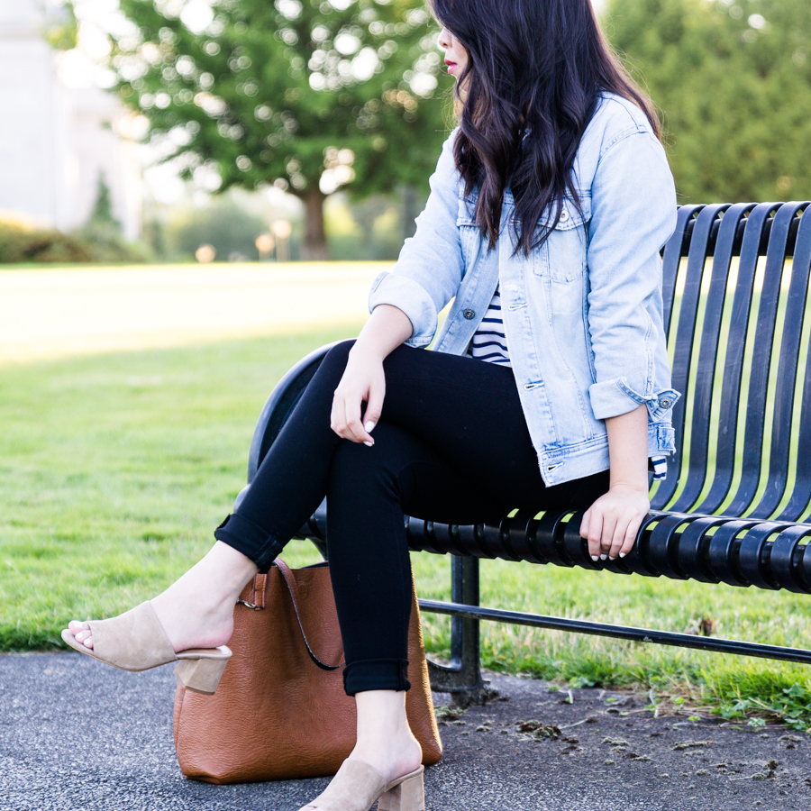 Black skinny jeans and denim jacket, casual every day outfit, AG Jeans, petite fashion blog, Seattle fashion blogger