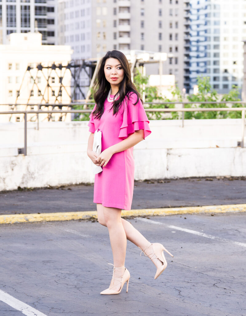 Ruffle sleeve shift dress, how to style a pearl necklace, Seattle fashion blogger, petite fashion blog