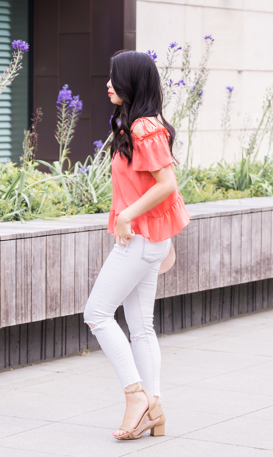 Ruffle off the shoulder top, white jeans, cute summer outfit, petite fashion blog, Seattle fashion blogger