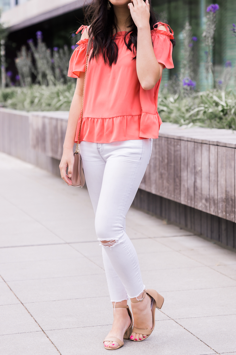 Ruffle off the shoulder top, white jeans, cute summer outfit, petite fashion blog, Seattle fashion blogger