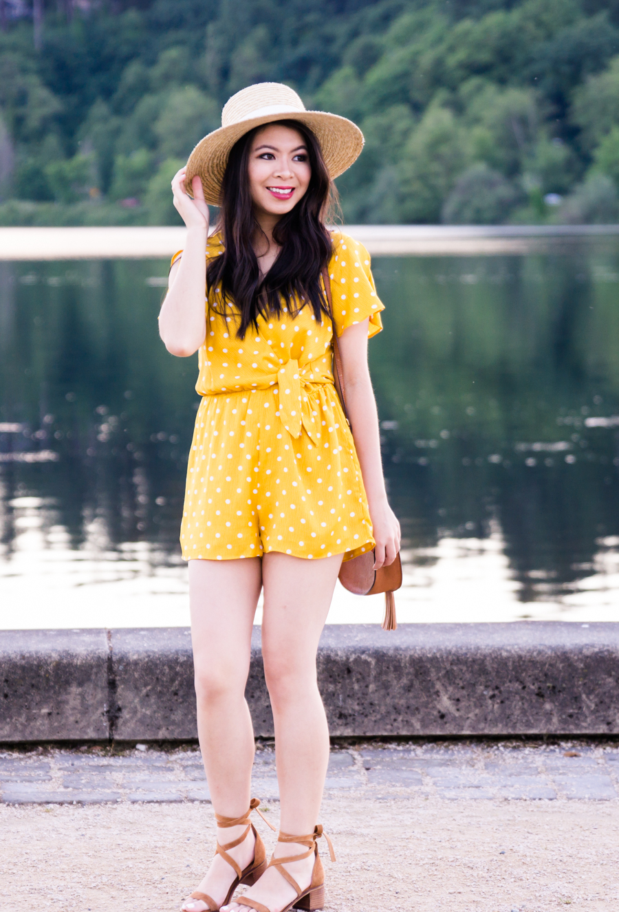 Yellow polka dot romper, cute summer outfit, petite fashion blog, Seattle fashion blogger