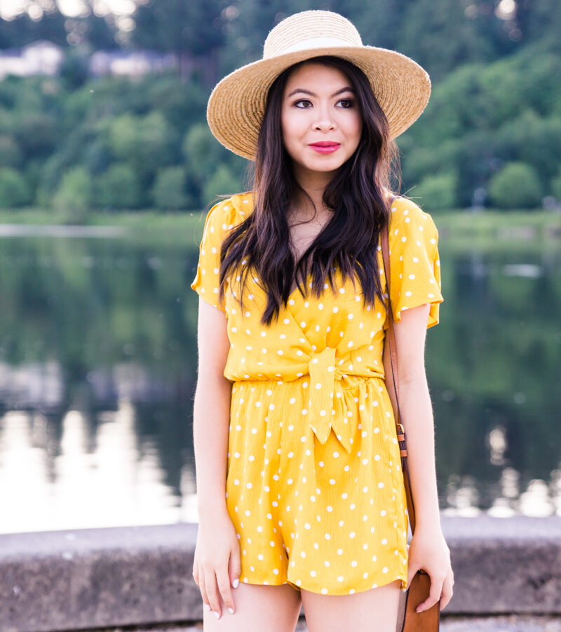 Yellow polka dot romper, cute summer outfit, petite fashion blog, Seattle fashion blogger
