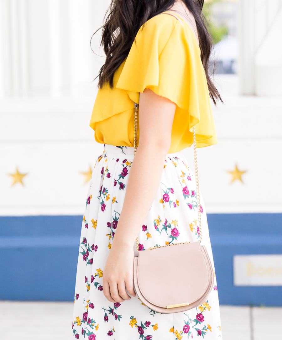 Cute summer outfit, floral midi skirt, yellow ruffle top, MOHAI, Seattle fashion blogger, petite blog