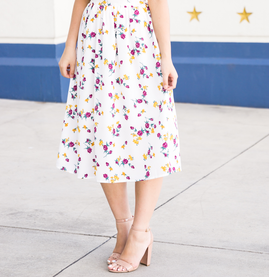 Cute summer outfit, floral midi skirt, MOHAI, Seattle fashion blogger, petite blog
