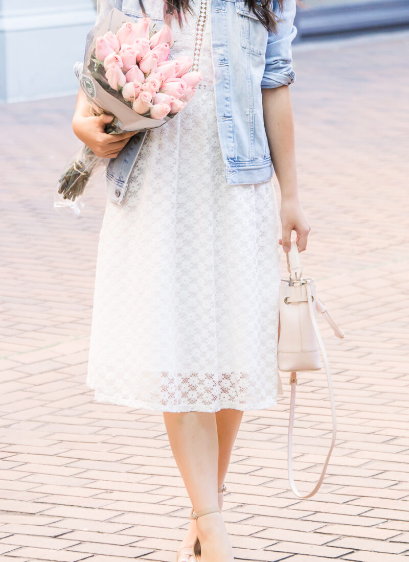 How to wear a denim jacket, white lace dress, midi dress, cute summer outfit, Seattle fashion blogger, petite blogger