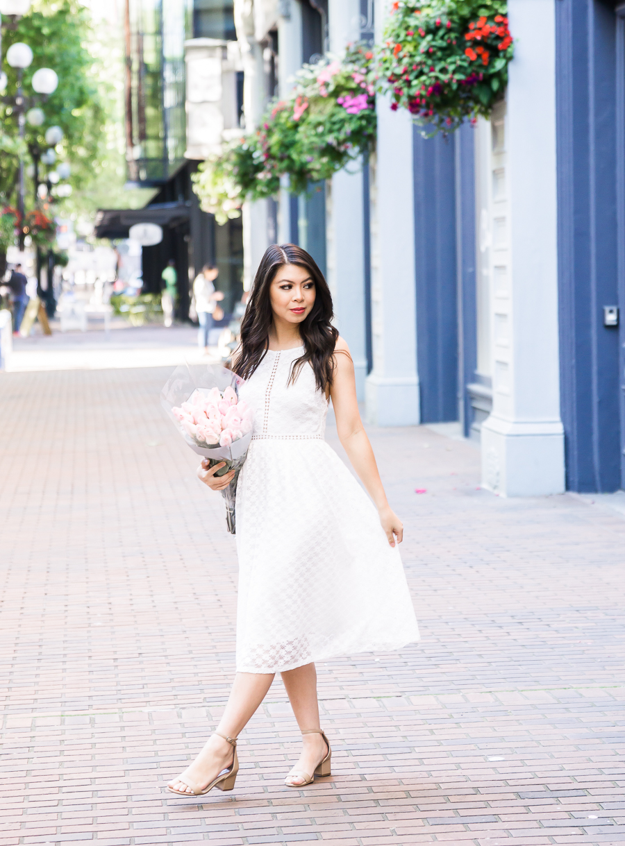 White lace dress, midi dress, cute summer dress, Seattle fashion blogger, petite fashion blogger