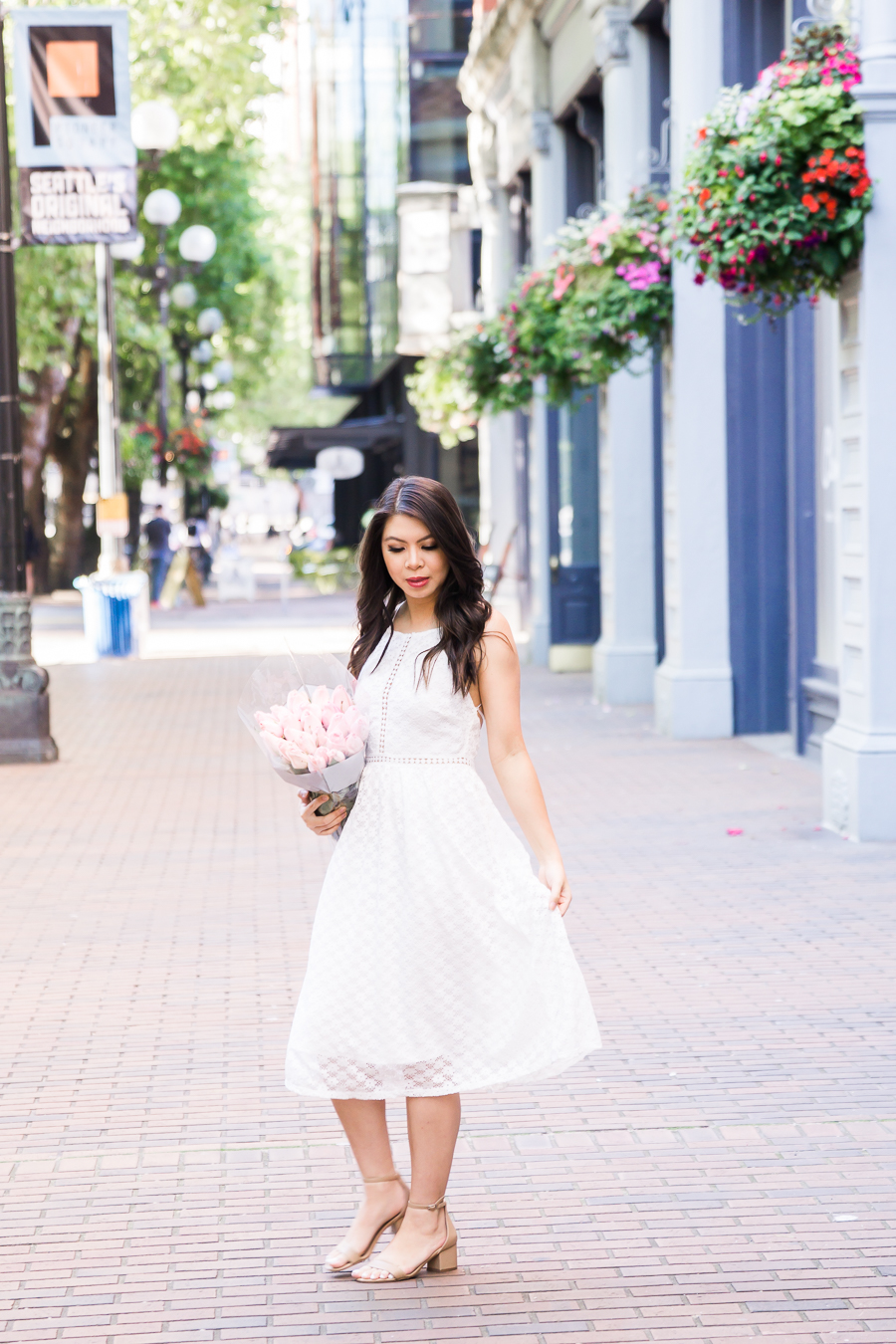 White lace dress, midi dress, cute summer dress, Seattle fashion blogger, petite fashion blogger