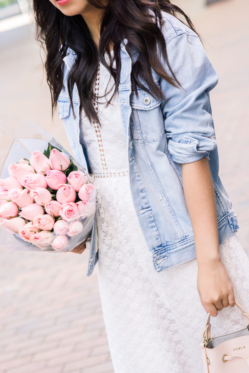 How to wear a denim jacket, white lace dress, midi dress, cute summer outfit, Seattle fashion blogger, petite blogger