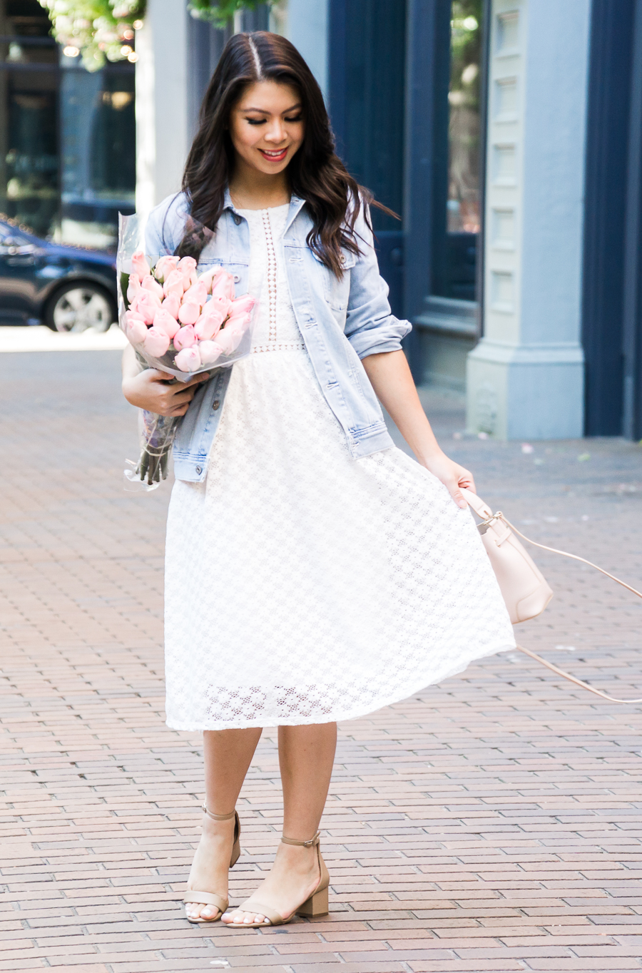 How to wear a denim jacket, white lace dress, midi dress, cute summer outfit, Seattle fashion blogger, petite blogger