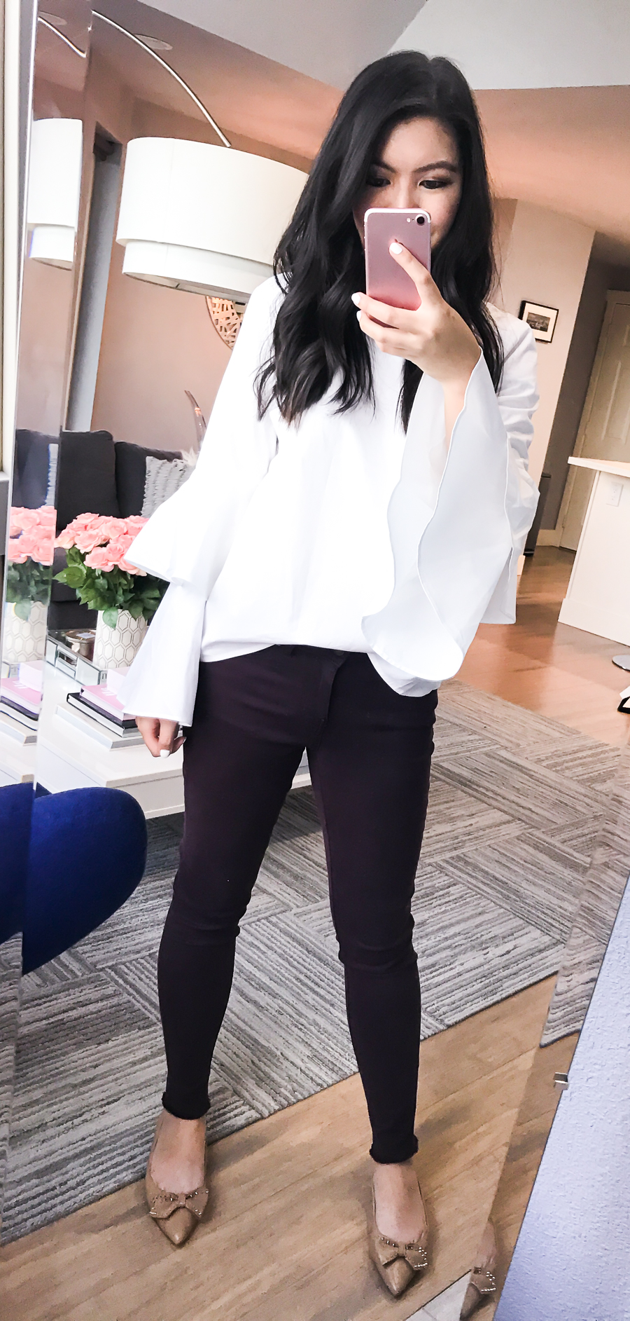 Nordstrom Anniversary Sale 2017 Review, Seattle fashion blogger, petite blog, tiered bell sleeve top, burgundy jeans