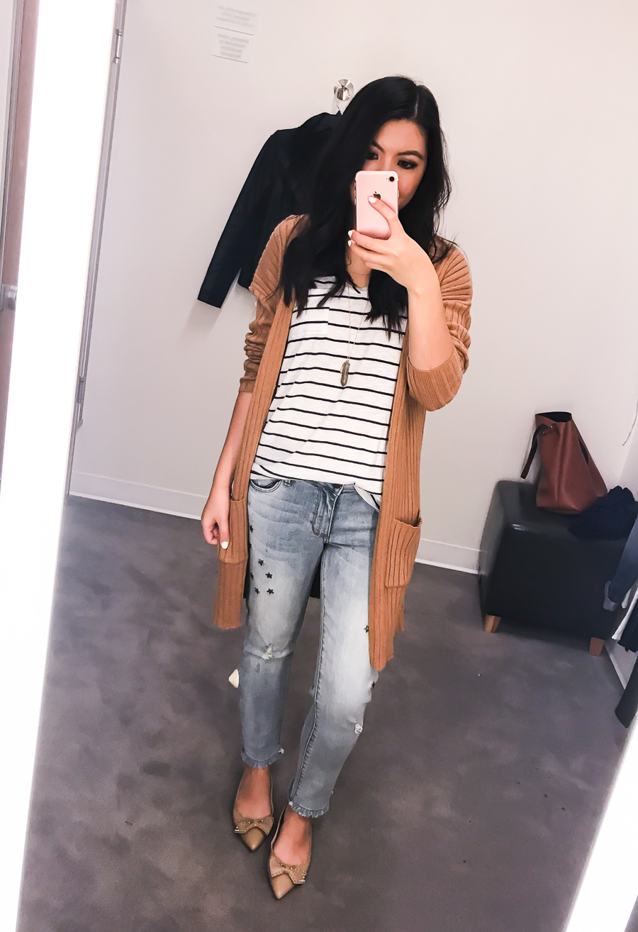 Nordstrom Anniversary Sale 2017 Review, Seattle fashion blogger, petite blog, cute casual outfit, cardigan sweater, striped top, mom jeans